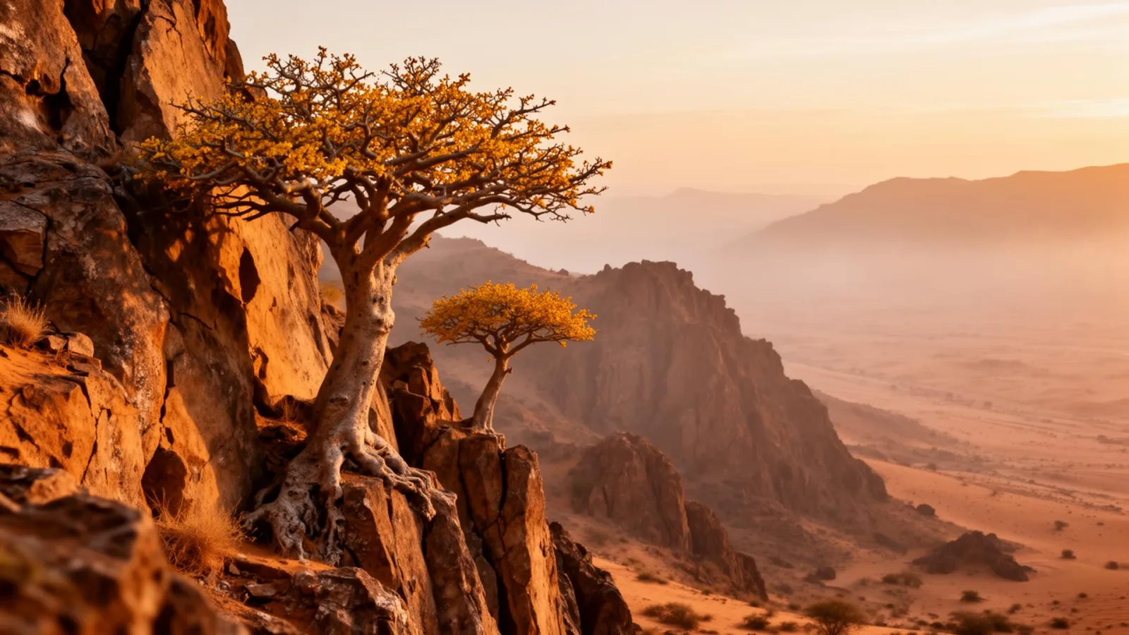 Boswellia trees on Somaliland cliffs at golden hour